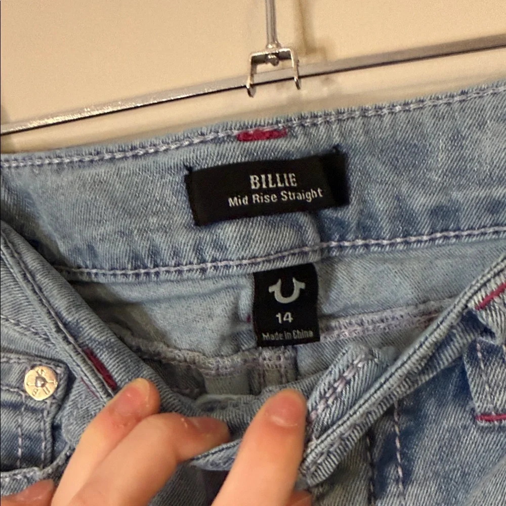True Religion girl’s Billie mid-rise straight leg jean light blue wash with pink